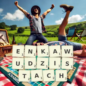 Kreatywna ilustracja do gry w Scrabble ze słowem ENKAWUDZISTACH ułożonym z płytek na planszy.