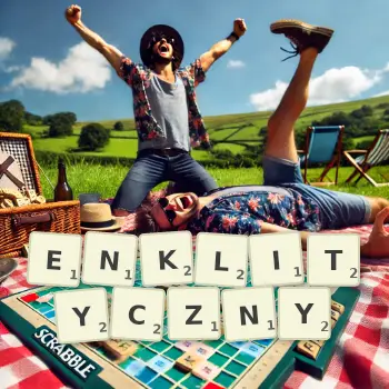Kreatywna ilustracja do gry w Scrabble ze słowem ENKLITYCZNY ułożonym z płytek na planszy.