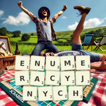 Kreatywna ilustracja do gry w Scrabble ze słowem ENUMERACYJNYCH ułożonym z płytek na planszy.