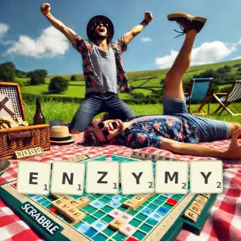 Kreatywna ilustracja do gry w Scrabble ze słowem ENZYMY ułożonym z płytek na planszy.