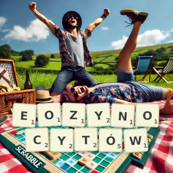 Kreatywna ilustracja do gry w Scrabble ze słowem EOZYNOCYTÓW ułożonym z płytek na planszy.