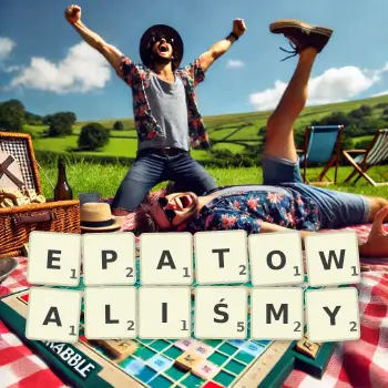 Kreatywna ilustracja do gry w Scrabble ze słowem EPATOWALIŚMY ułożonym z płytek na planszy.