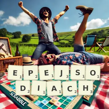 Kreatywna ilustracja do gry w Scrabble ze słowem EPEJSODIACH ułożonym z płytek na planszy.