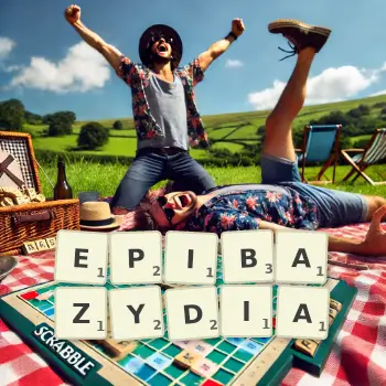 Kreatywna ilustracja do gry w Scrabble ze słowem EPIBAZYDIA ułożonym z płytek na planszy.