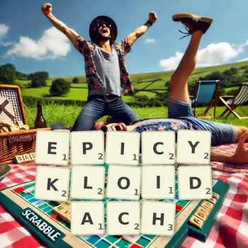 Kreatywna ilustracja do gry w Scrabble ze słowem EPICYKLOIDACH ułożonym z płytek na planszy.