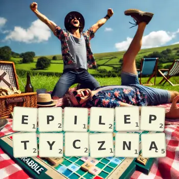 Kreatywna ilustracja do gry w Scrabble ze słowem EPILEPTYCZNĄ ułożonym z płytek na planszy.