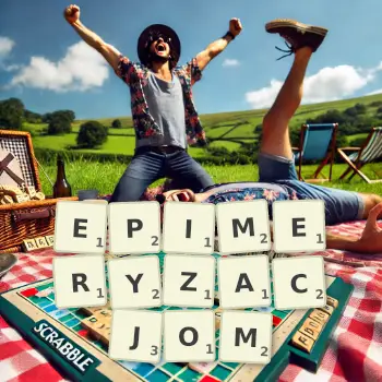 Kreatywna ilustracja do gry w Scrabble ze słowem EPIMERYZACJOM ułożonym z płytek na planszy.