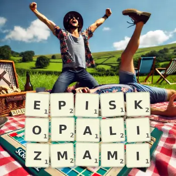 Kreatywna ilustracja do gry w Scrabble ze słowem EPISKOPALIZMAMI ułożonym z płytek na planszy.