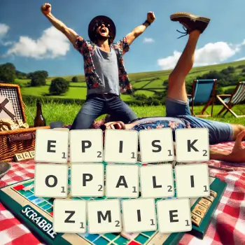Kreatywna ilustracja do gry w Scrabble ze słowem EPISKOPALIZMIE ułożonym z płytek na planszy.