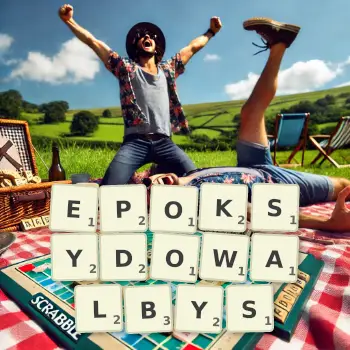 Kreatywna ilustracja do gry w Scrabble ze słowem EPOKSYDOWALBYS ułożonym z płytek na planszy.