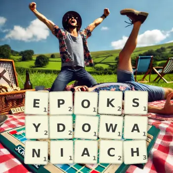Kreatywna ilustracja do gry w Scrabble ze słowem EPOKSYDOWANIACH ułożonym z płytek na planszy.