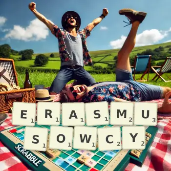 Kreatywna ilustracja do gry w Scrabble ze słowem ERASMUSOWCY ułożonym z płytek na planszy.