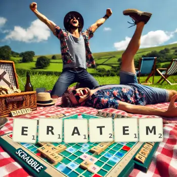 Kreatywna ilustracja do gry w Scrabble ze słowem ERATEM ułożonym z płytek na planszy.