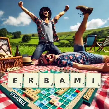 Kreatywna ilustracja do gry w Scrabble ze słowem ERBAMI ułożonym z płytek na planszy.
