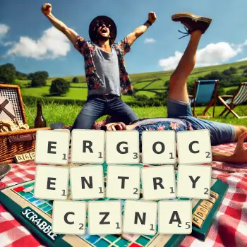 Kreatywna ilustracja do gry w Scrabble ze słowem ERGOCENTRYCZNĄ ułożonym z płytek na planszy.