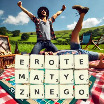 Kreatywna ilustracja do gry w Scrabble ze słowem EROTEMATYCZNEGO ułożonym z płytek na planszy.