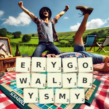 Kreatywna ilustracja do gry w Scrabble ze słowem ERYGOWALYBYSMY ułożonym z płytek na planszy.