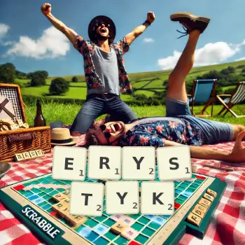 Kreatywna ilustracja do gry w Scrabble ze słowem ERYSTYK ułożonym z płytek na planszy.