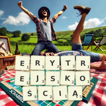 Kreatywna ilustracja do gry w Scrabble ze słowem ERYTREJSKOŚCIĄ ułożonym z płytek na planszy.
