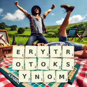 Kreatywna ilustracja do gry w Scrabble ze słowem ERYTROTOKSYNOM ułożonym z płytek na planszy.