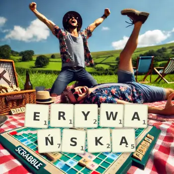 Kreatywna ilustracja do gry w Scrabble ze słowem ERYWAŃSKĄ ułożonym z płytek na planszy.