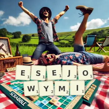 Kreatywna ilustracja do gry w Scrabble ze słowem ESEJOWYMI ułożonym z płytek na planszy.