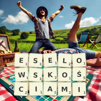 Kreatywna ilustracja do gry w Scrabble ze słowem ESELOWSKOŚCIAMI ułożonym z płytek na planszy.