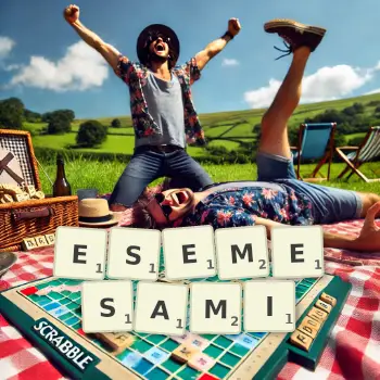 Kreatywna ilustracja do gry w Scrabble ze słowem ESEMESAMI ułożonym z płytek na planszy.