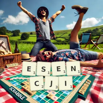 Kreatywna ilustracja do gry w Scrabble ze słowem ESENCJI ułożonym z płytek na planszy.