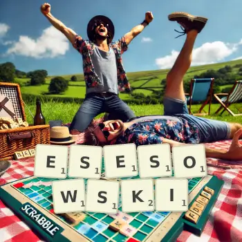 Kreatywna ilustracja do gry w Scrabble ze słowem ESESOWSKI ułożonym z płytek na planszy.