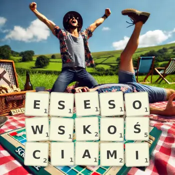Kreatywna ilustracja do gry w Scrabble ze słowem ESESOWSKOŚCIAMI ułożonym z płytek na planszy.