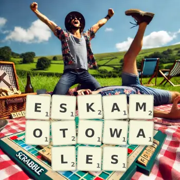 Kreatywna ilustracja do gry w Scrabble ze słowem ESKAMOTOWALES ułożonym z płytek na planszy.