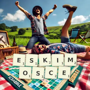 Kreatywna ilustracja do gry w Scrabble ze słowem ESKIMOSCE ułożonym z płytek na planszy.