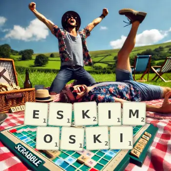Kreatywna ilustracja do gry w Scrabble ze słowem ESKIMOSKI ułożonym z płytek na planszy.