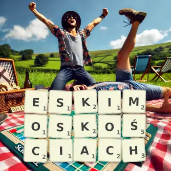 Kreatywna ilustracja do gry w Scrabble ze słowem ESKIMOSKOŚCIACH ułożonym z płytek na planszy.