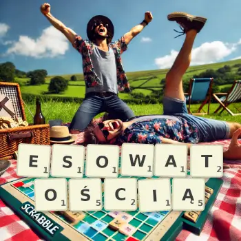 Kreatywna ilustracja do gry w Scrabble ze słowem ESOWATOŚCIĄ ułożonym z płytek na planszy.