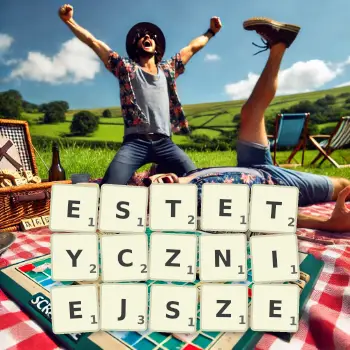 Kreatywna ilustracja do gry w Scrabble ze słowem ESTETYCZNIEJSZE ułożonym z płytek na planszy.