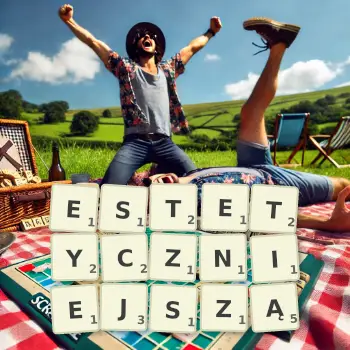 Kreatywna ilustracja do gry w Scrabble ze słowem ESTETYCZNIEJSZĄ ułożonym z płytek na planszy.