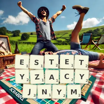 Kreatywna ilustracja do gry w Scrabble ze słowem ESTETYZACYJNYM ułożonym z płytek na planszy.