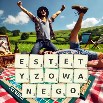 Kreatywna ilustracja do gry w Scrabble ze słowem ESTETYZOWANEGO ułożonym z płytek na planszy.