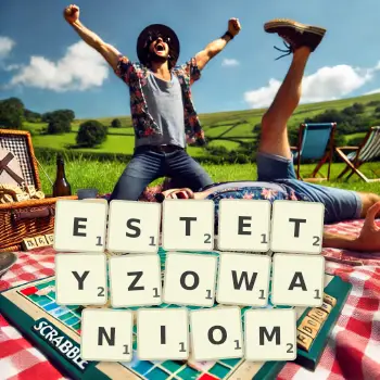 Kreatywna ilustracja do gry w Scrabble ze słowem ESTETYZOWANIOM ułożonym z płytek na planszy.