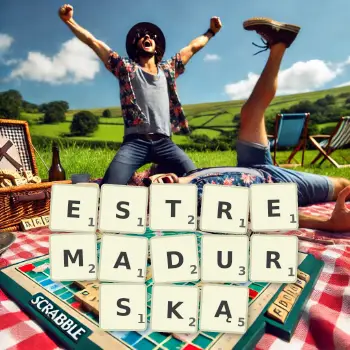 Kreatywna ilustracja do gry w Scrabble ze słowem ESTREMADURSKĄ ułożonym z płytek na planszy.