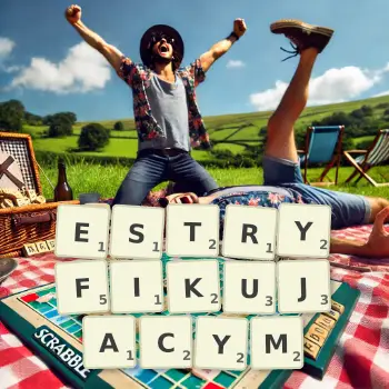 Kreatywna ilustracja do gry w Scrabble ze słowem ESTRYFIKUJACYM ułożonym z płytek na planszy.