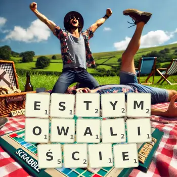 Kreatywna ilustracja do gry w Scrabble ze słowem ESTYMOWALIŚCIE ułożonym z płytek na planszy.