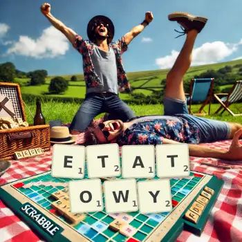 Kreatywna ilustracja do gry w Scrabble ze słowem ETATOWY ułożonym z płytek na planszy.