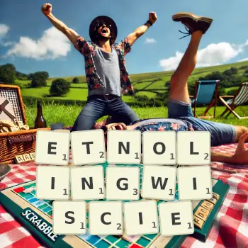 Kreatywna ilustracja do gry w Scrabble ze słowem ETNOLINGWISCIE ułożonym z płytek na planszy.