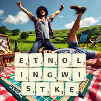 Kreatywna ilustracja do gry w Scrabble ze słowem ETNOLINGWISTKĘ ułożonym z płytek na planszy.