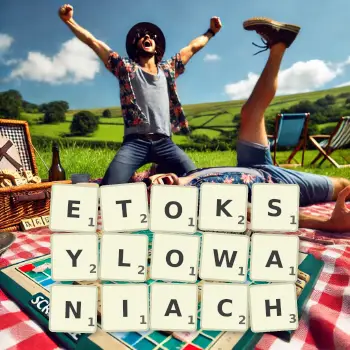 Kreatywna ilustracja do gry w Scrabble ze słowem ETOKSYLOWANIACH ułożonym z płytek na planszy.