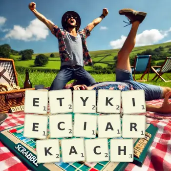 Kreatywna ilustracja do gry w Scrabble ze słowem ETYKIECIARKACH ułożonym z płytek na planszy.