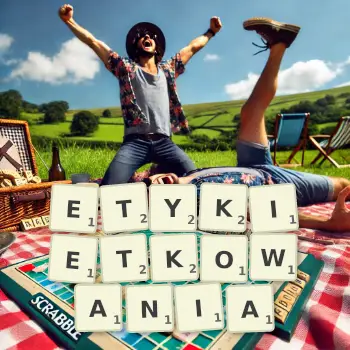 Kreatywna ilustracja do gry w Scrabble ze słowem ETYKIETKOWANIA ułożonym z płytek na planszy.
